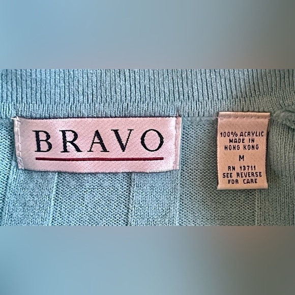 ⭐️Vintage 80s- 90s Bravo Sweater Size M Seafoam Collared Vertical Green Blue - Picture 2 of 8